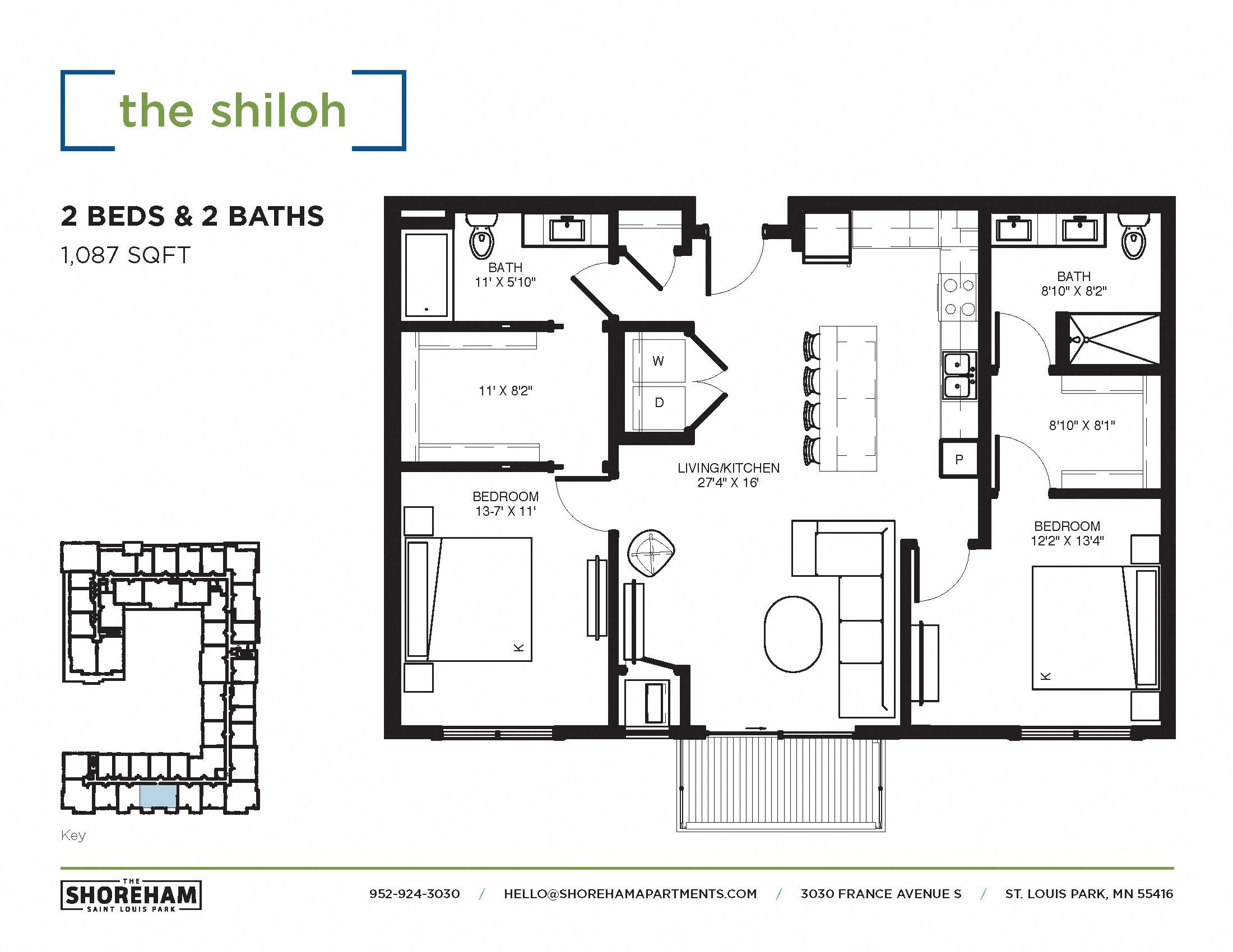 Floor plan for 2 beds, 2 baths, 1087 sqft